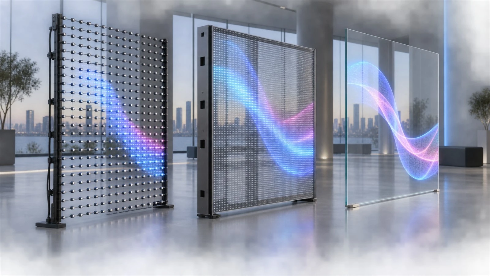 Mesh LED screen, transparent LED cabinet and LED film shown side by side. Mesh LED screen, transparent LED cabinet and LED film shown side by side.
